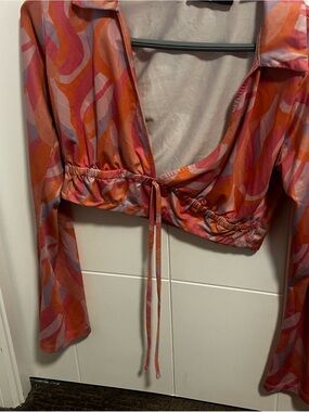 Women's Orange Pink Patterned Drawstring Crop Top
